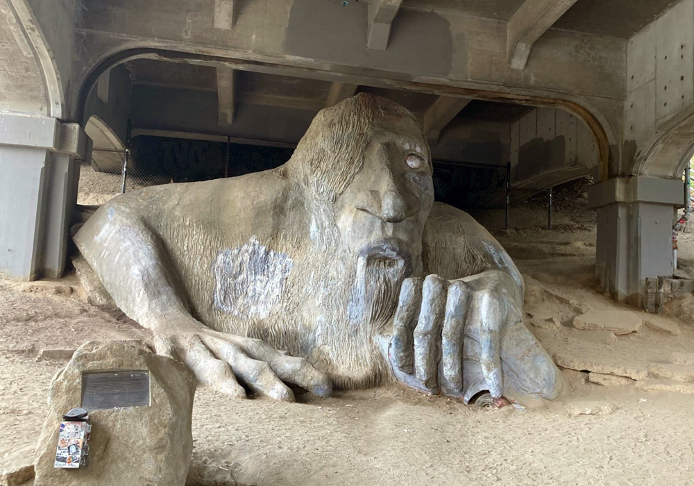 The Fremont Troll under the bridge in Seattle.