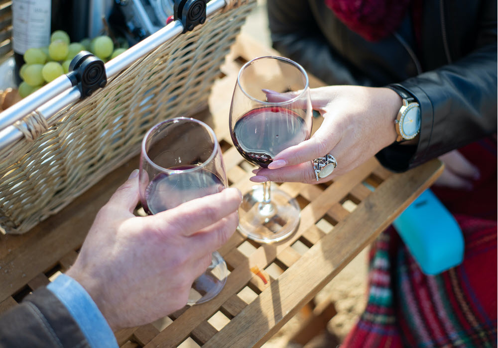 Cheering with wine-filled glasses at a Ventura County winery.