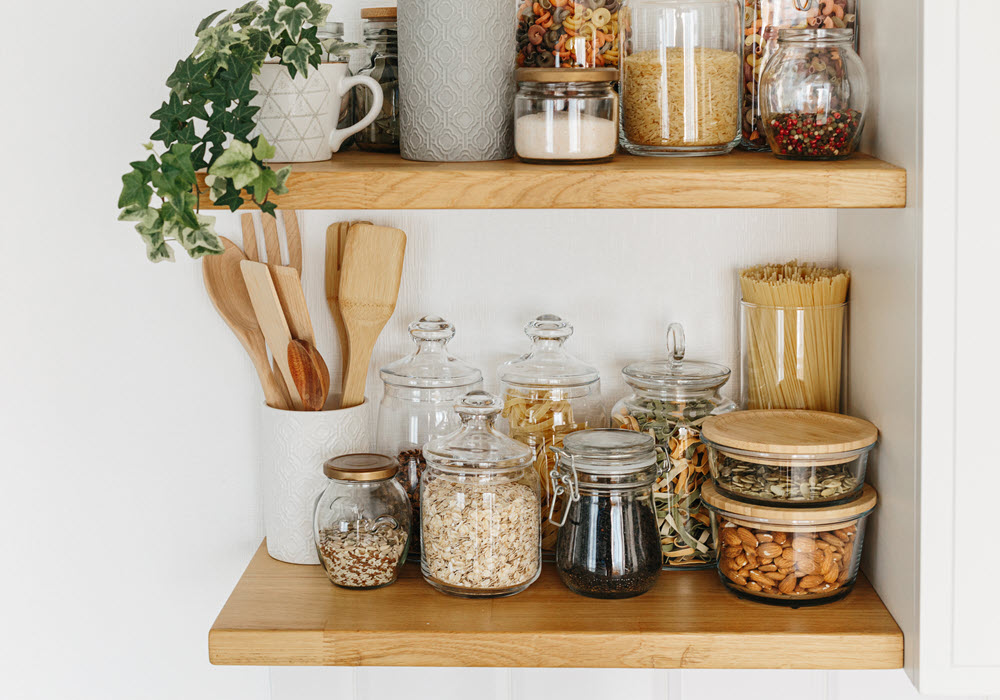 Reusable containers on a shelf.